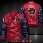 NBA Denver Nuggets Red Navy Blue Leather Bomber Jacket
