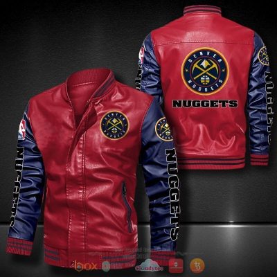 NBA Denver Nuggets Red Navy Blue Leather Bomber Jacket