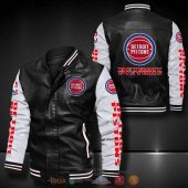 NBA Detroit Pistons Black White Leather Bomber Jacket