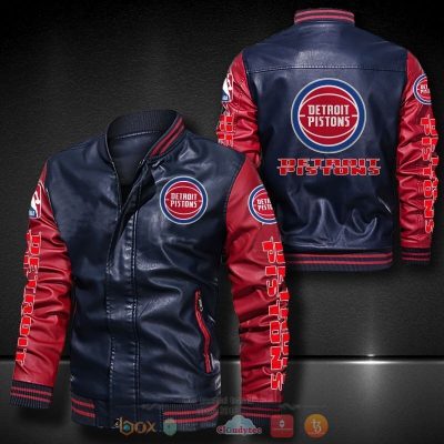 NBA Detroit Pistons Navy Blue Red Leather Bomber Jacket