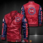NBA Detroit Pistons Red Navy Blue Leather Bomber Jacket