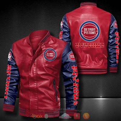 NBA Detroit Pistons Red Navy Blue Leather Bomber Jacket