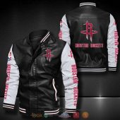 NBA Houston Rockets Black White Leather Bomber Jacket