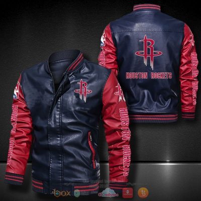 NBA Houston Rockets Navy Red Leather Bomber Jacket