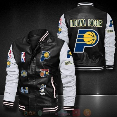 NBA Indiana Pacers Black White Logo Team Leather Bomber Jacket
