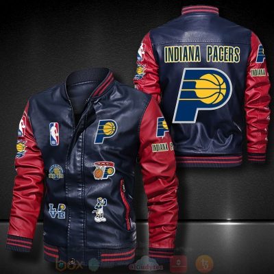 NBA Indiana Pacers Navy Red Logo Team Leather Bomber Jacket