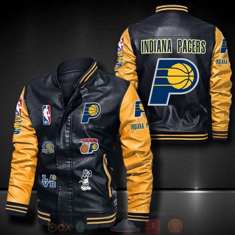 NBA Indiana Pacers Black Gold Logo Team Leather Bomber Jacket