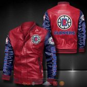 NBA Los Angeles Clippers Red Navy Blue Leather Bomber Jacket