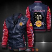 NBA Los Angeles Lakers Navy Blue Red Punching Skull Leather Bomber Jacket