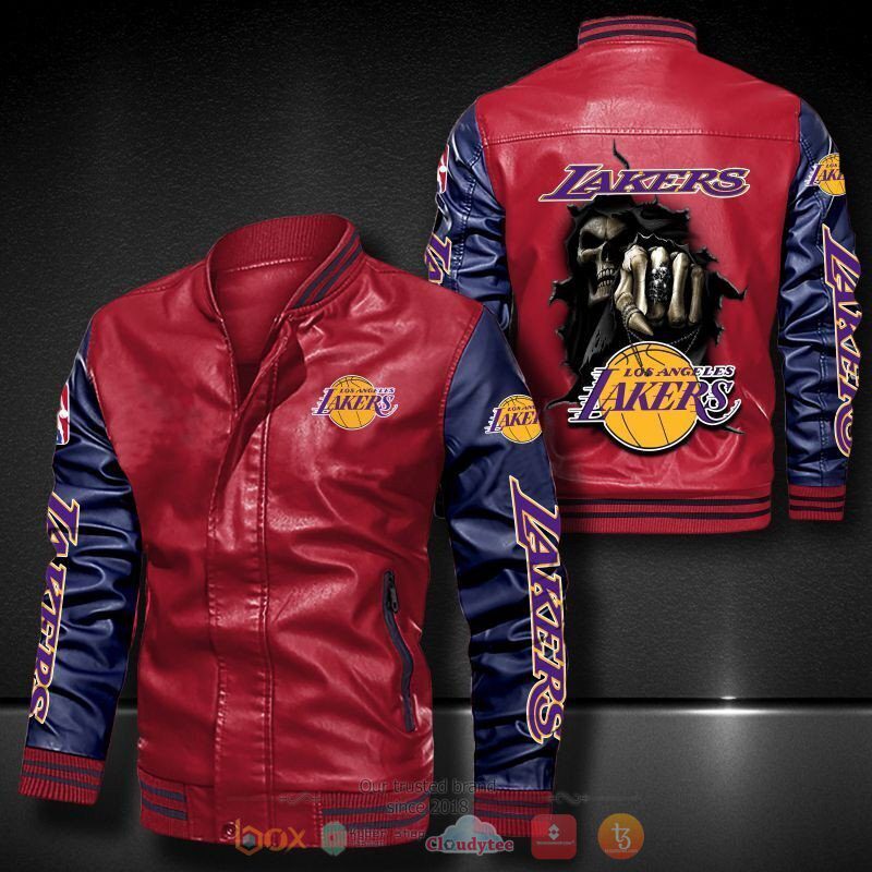 NBA Los Angeles Lakers Red Navy Blue Punching Skull Leather Bomber Jacket