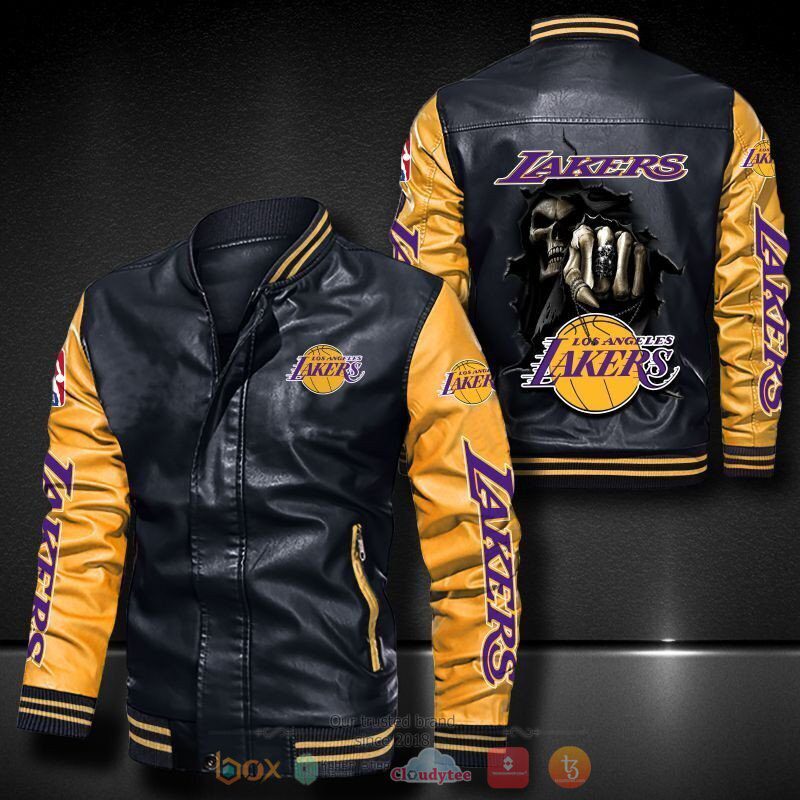 NBA Los Angeles Lakers Black Gold Punching Skull Leather Bomber Jacket
