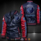 NBA Memphis Grizzlies Navy Blue Red Leather Bomber Jacket