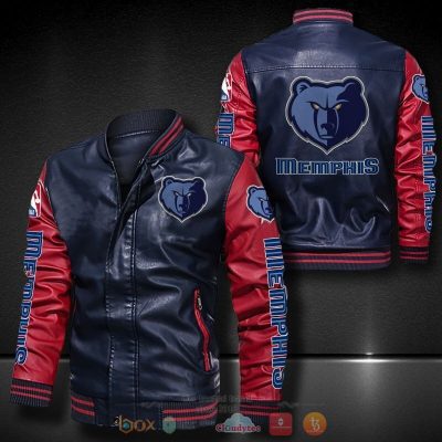 NBA Memphis Grizzlies Navy Blue Red Leather Bomber Jacket