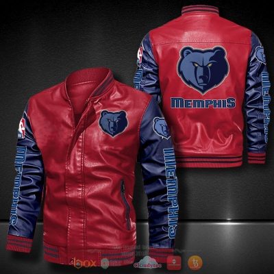 NBA Memphis Grizzlies Red Navy Blue Leather Bomber Jacket