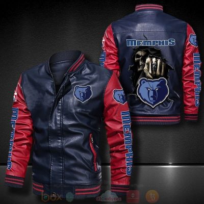 NBA Memphis Grizzlies Navy Blue Red Skull Leather Bomber Jacket