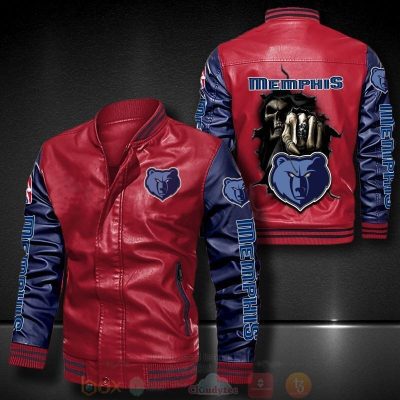 NBA Memphis Grizzlies Red Navy Blue Skull Leather Bomber Jacket