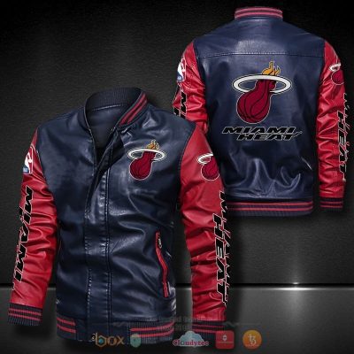 NBA Miami Heat Navy Blue Red Leather Bomber Jacket