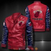 NBA Miami Heat Red Navy Blue Leather Bomber Jacket