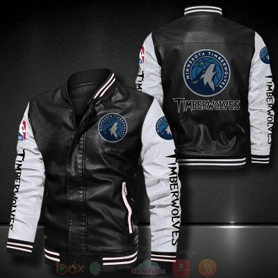 NBA Minnesota Timberwolves Black White Leather Bomber Jacket