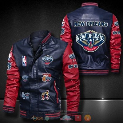 NBA New Orleans Pelicans Navy Red Logo Team Leather Bomber Jacket