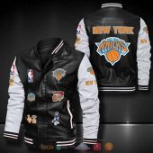 NBA New York Knicks Black White Logo Team Leather Bomber Jacket
