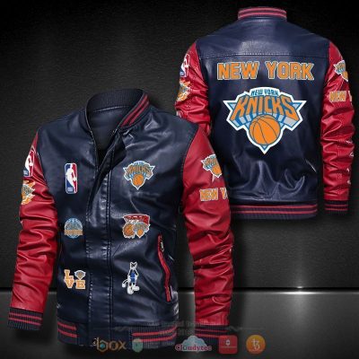 NBA New York Knicks Navy Blue Red Logo Team Leather Bomber Jacket