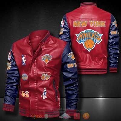 NBA New York Knicks Red Navy Blue Logo Team Leather Bomber Jacket
