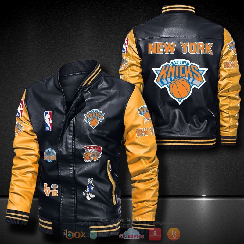 NBA New York Knicks Black Yellow Logo Team Leather Bomber Jacket NBA New York Knicks Black Yellow Logo Team Leather Bomber Jacket
