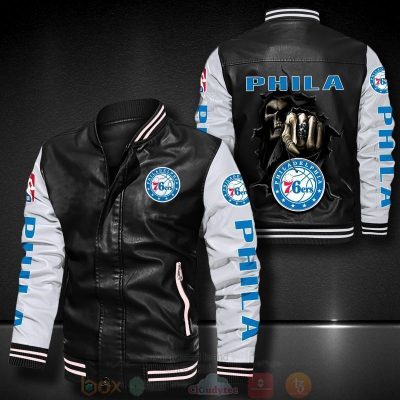 NBA Philadelphia 76ers Black White Skull Leather Bomber Jacket