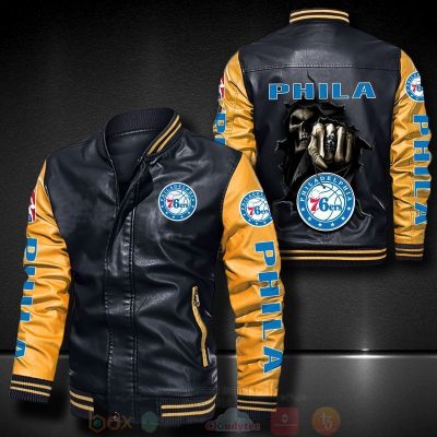 NBA Philadelphia 76ers Black Yellow Leather Bomber Jacket