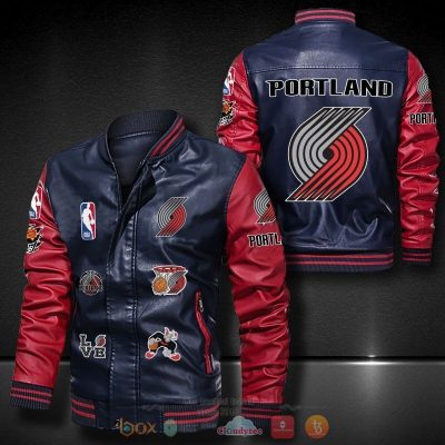 NBA Portland Trail Blazers Navy Red Logo Team Leather Bomber Jacket