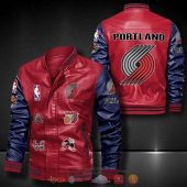 NBA Portland Trail Blazers Red Navy Logo Team Leather Bomber Jacket