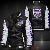 NBA Sacramento Kings Black White Leather Bomber Jacket