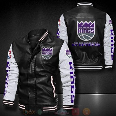 NBA Sacramento Kings Black White Leather Bomber Jacket