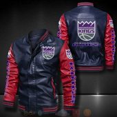 NBA Sacramento Kings Navy Blue Red Leather Bomber Jacket