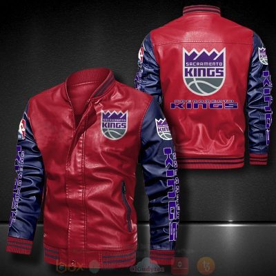 NBA Sacramento Kings Red Navy Blue Leather Bomber Jacket