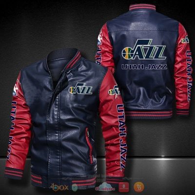 NBA Utah Jazz Navy Red Leather Bomber Jacket