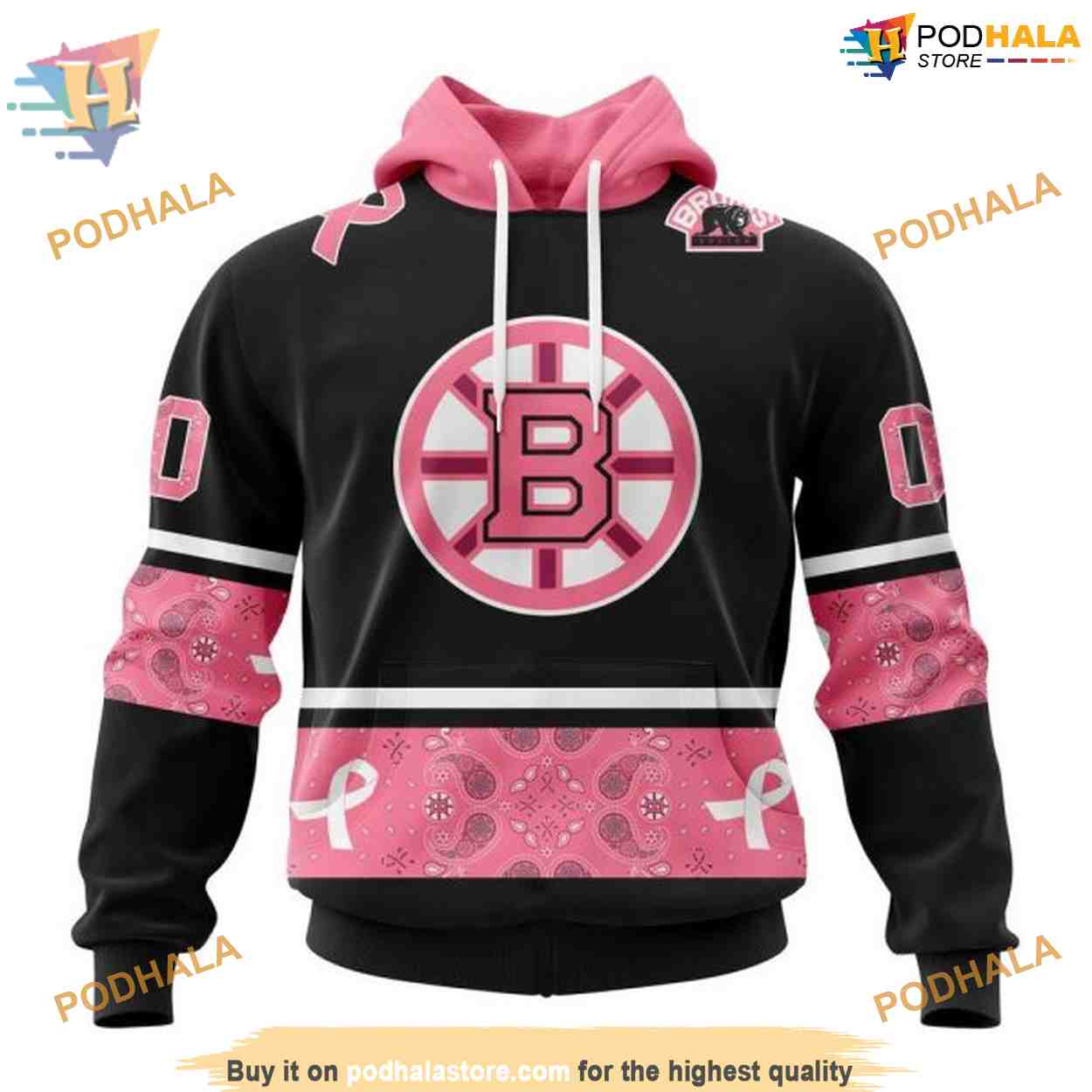 NHL Personalized Paisley & Pink Cancer Awareness Boston Bruins Hoodie 3D NHL Personalized Paisley & Pink Cancer Awareness Boston Bruins Hoodie 3D