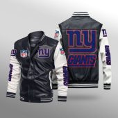NFL New York Giants Black White Leather Bomber Jacket