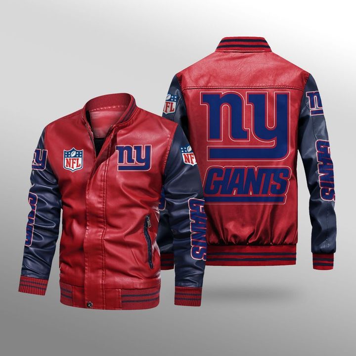 NFL New York Giants Red Black Leather Bomber Jacket NFL New York Giants Red Black Leather Bomber Jacket