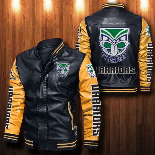NRL New Zealand Warriors Black Yellow Leather Bomber Jacket NRL New Zealand Warriors Black Yellow Leather Bomber Jacket