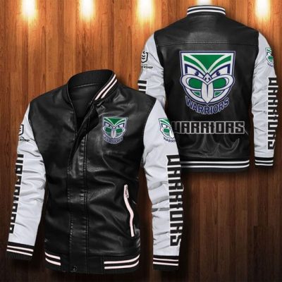 NRL New Zealand Warriors Black White Leather Bomber Jacket