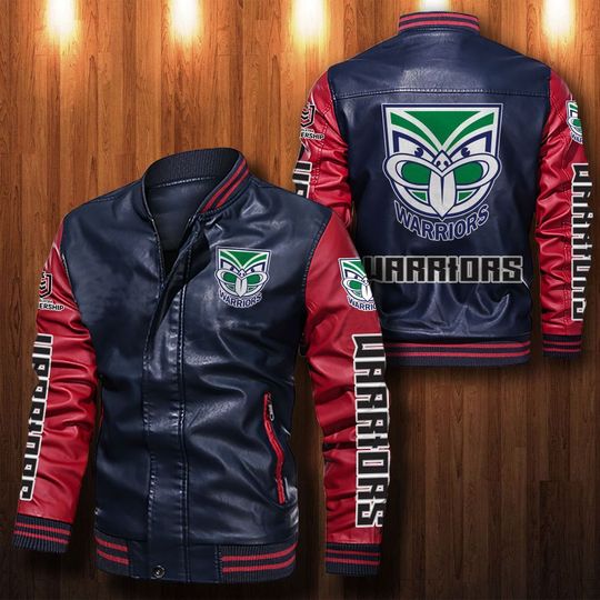 NRL New Zealand Warriors Navy Blue Red Leather Bomber Jacket NRL New Zealand Warriors Navy Blue Red Leather Bomber Jacket