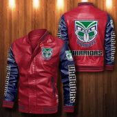 NRL New Zealand Warriors Red Navy Blue Leather Bomber Jacket