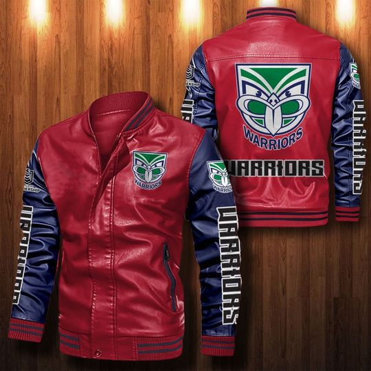 NRL New Zealand Warriors Red Navy Blue Leather Bomber Jacket NRL New Zealand Warriors Red Navy Blue Leather Bomber Jacket
