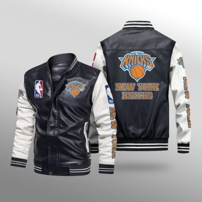 NBA New York Knicks Black White Leather Bomber Jacket