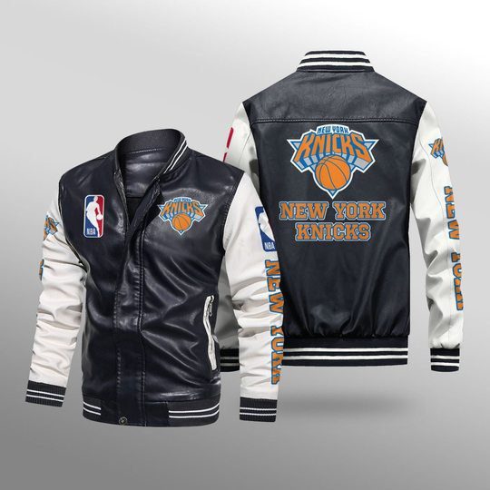 NBA New York Knicks Black White Leather Bomber Jacket NBA New York Knicks Black White Leather Bomber Jacket