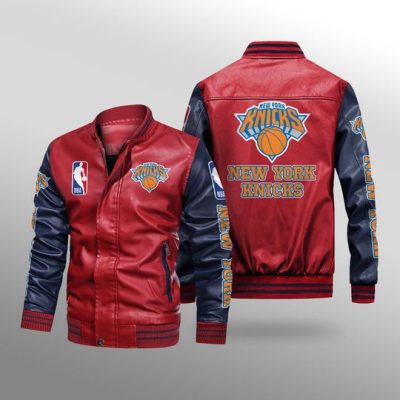 NBA New York Knicks Red Navy Blue Leather Bomber Jacket
