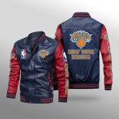 NBA New York Knicks Navy Blue Red Leather Bomber Jacket