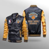 NBA New York Knicks Black Yellow Leather Bomber Jacket